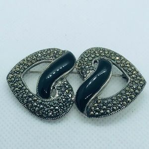 Vintage Sterling Silver Art Deco Double Heart Onyx & Marcasite Pin/Brooch